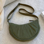Muted Olive Green Ribbed Crescent Hobo Pouch With Horizontal Top Slide Closure And Wide Woven Shoulder Carry Strap Hardware