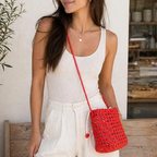 Vivid Scarlet Red Petite Grid Woven Bucket Pouch With Drawstring Disc Closure, Curved Short Hand Loop And Long Thin Wear Strap