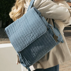 Soft Washed Light Blue Vertical Quilted Fold Flap Backpack With Floral Pattern Inner Lining, Multi Zippered Side Storage Compartments And Wide Quilted Rear Shoulder Straps